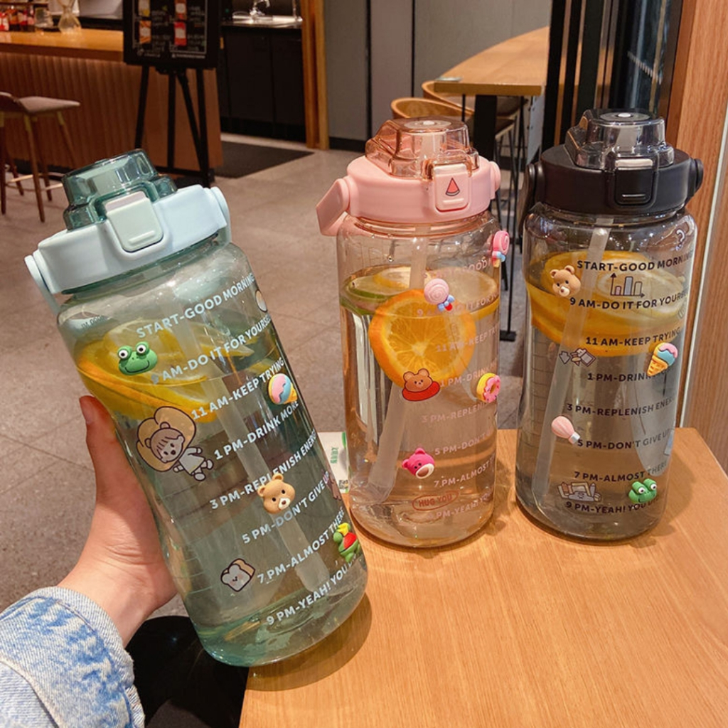 Bình 2L Có Ống Hút Cao Cấp, Dung Tích Lớn Vạch Giờ Nhắc Uống, TIDY SHOP, Thiết Kế Thể Thao Nắp Kín Tiện Mang Theo