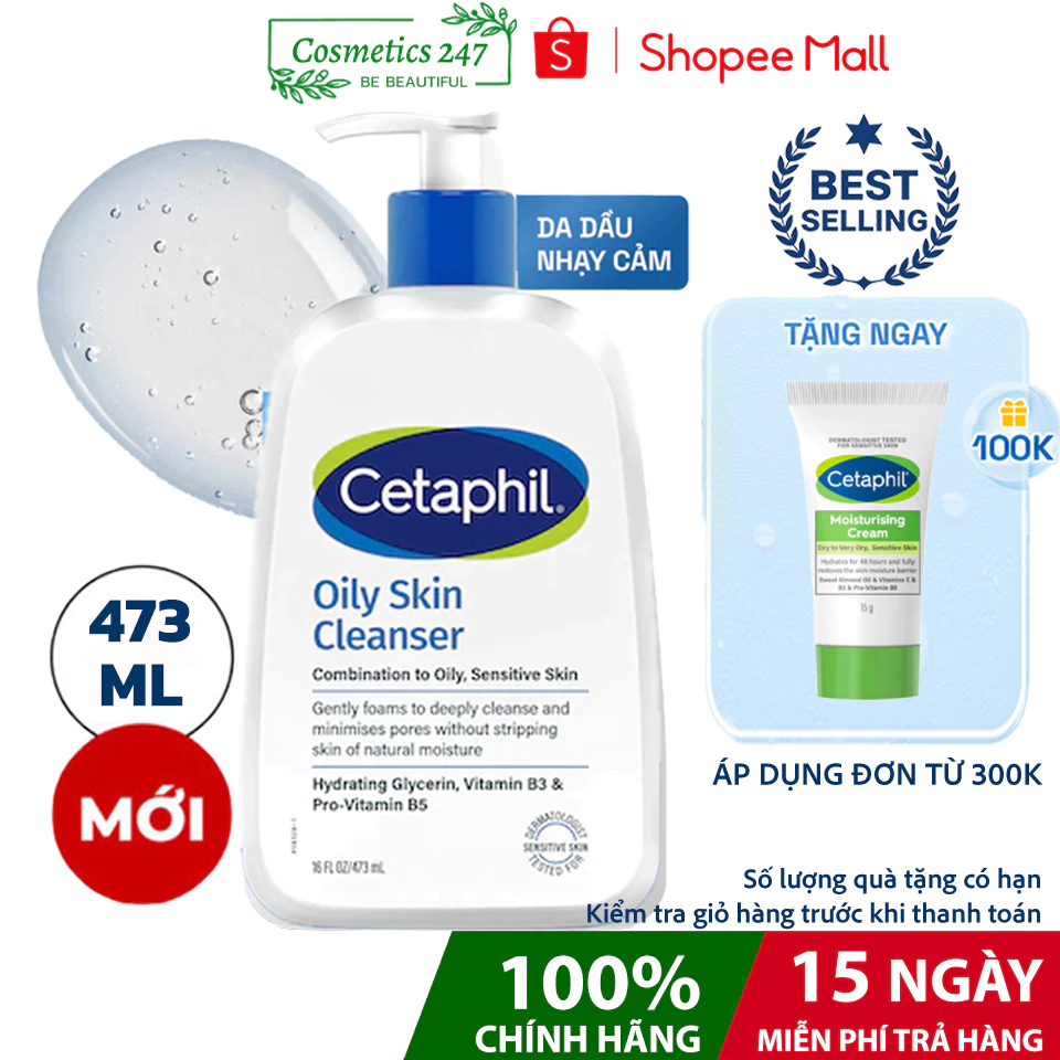 Sữa rửa mặt Cetaphil Oily Skin Cleanser 473ml cho da dầu nhạy cảm