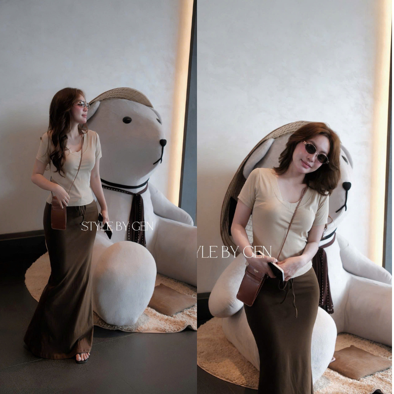 NH CLOTHER -Bộ áo thun kem ôm sát phối chân váy dài màu nâu thun co giãn