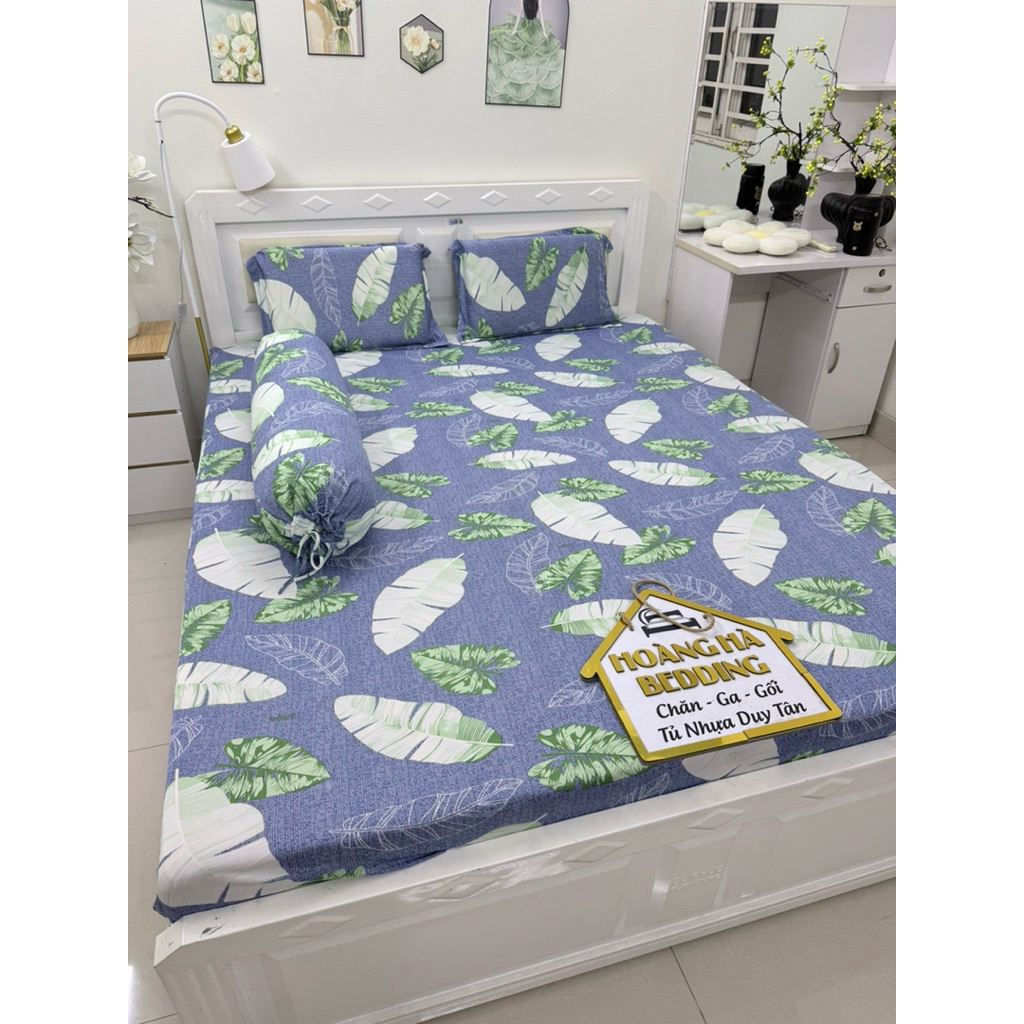 BỘ ga thun lạnh 4 món LÁ CHUỐI DƯƠNG (áo gối ôm dây cột)