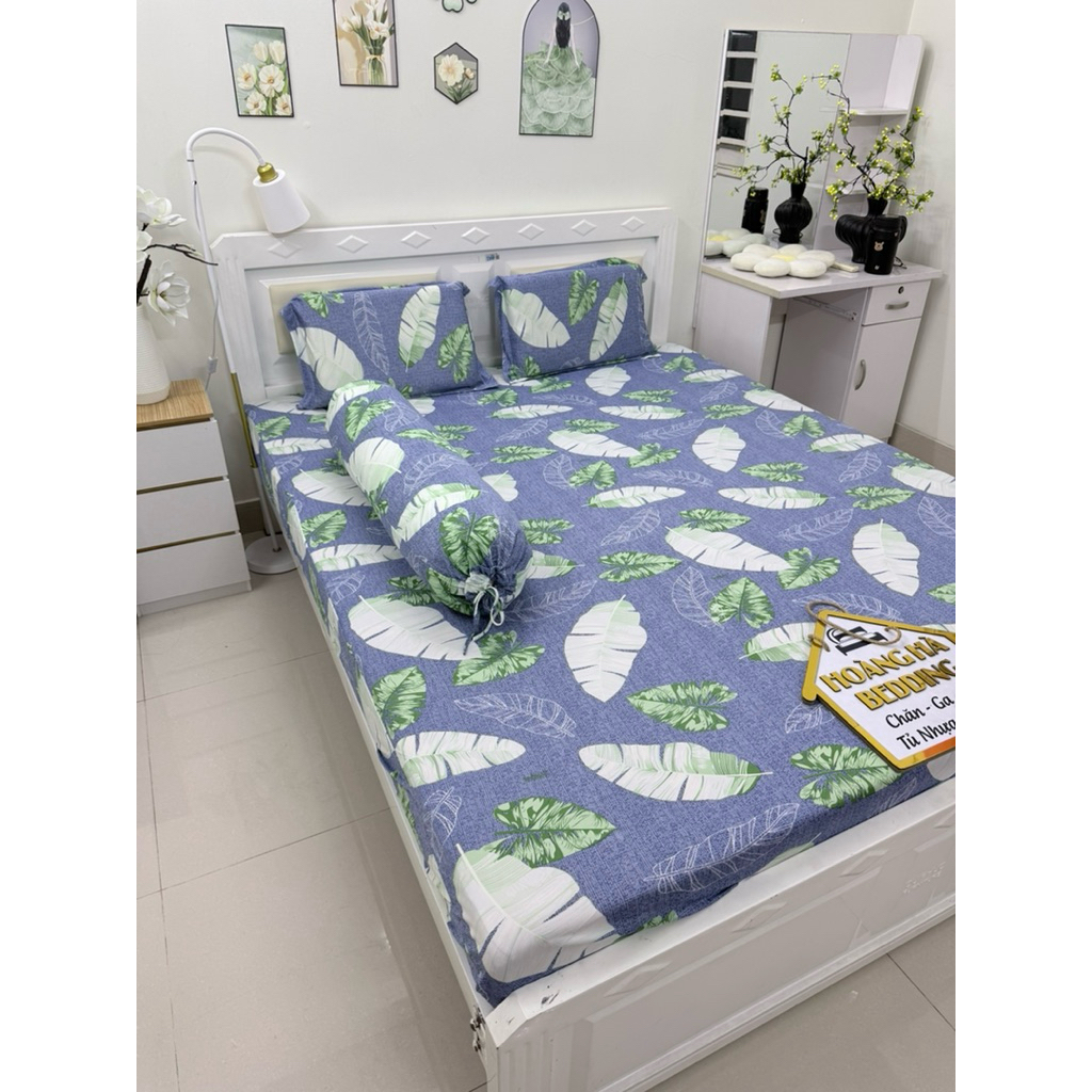 BỘ ga thun lạnh 4 món LÁ CHUỐI DƯƠNG (áo gối ôm dây cột)