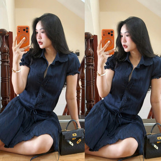 Váy bèo tầng ngắn vải đũi xốp co giãn eo thắt nơ dây
