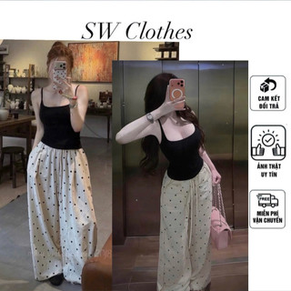 Set 2 món áo hai dây đen + quần ống xuông chấm bi cá tính