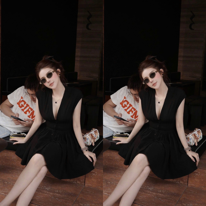 ZIMM STORE-Váy xòe sát nách màu vàng bơ thiết kế cổ V