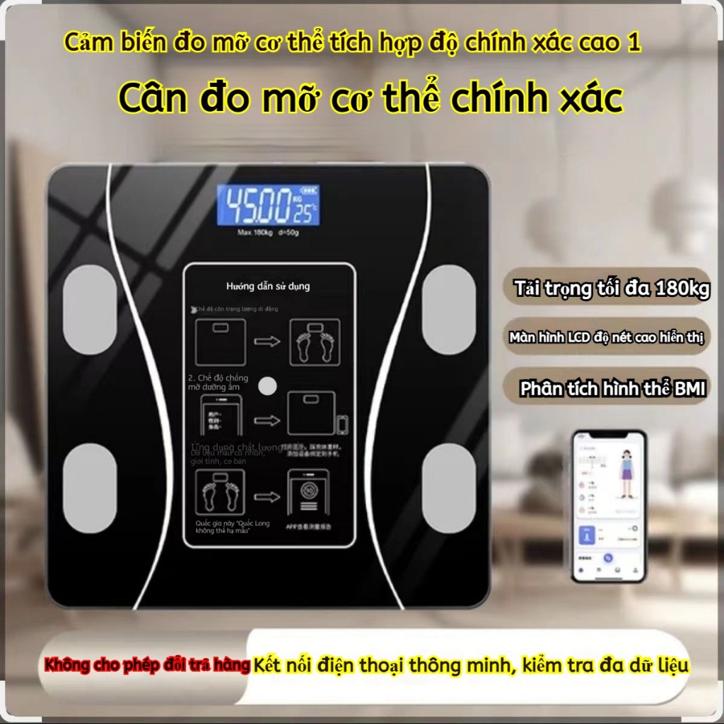 Cân Điện Tử Thông Minh Bluetooth - Đo Trọng Lượng, Mỡ, BMI, Theo Dõi Sức Khỏe