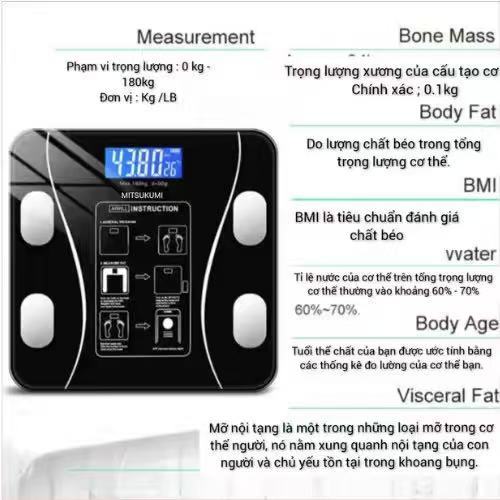 Cân Điện Tử Thông Minh Bluetooth - Đo Trọng Lượng, Mỡ, BMI, Theo Dõi Sức Khỏe