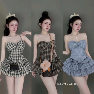 SET ÁO CUP XOẮN NGỰC MIX CHÂN VÁY TẦNG KẺ HOT HIT