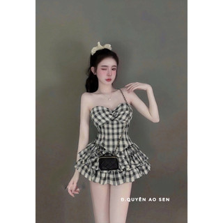 SET ÁO CUP XOẮN NGỰC MIX CHÂN VÁY TẦNG KẺ HOT HIT
