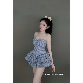 SET ÁO CUP XOẮN NGỰC MIX CHÂN VÁY TẦNG KẺ HOT HIT