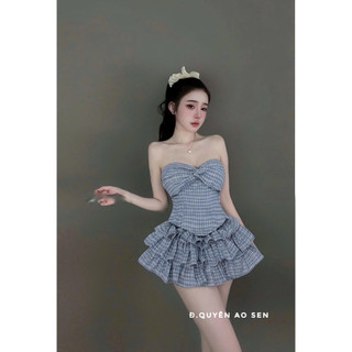 SET ÁO CUP XOẮN NGỰC MIX CHÂN VÁY TẦNG KẺ HOT HIT