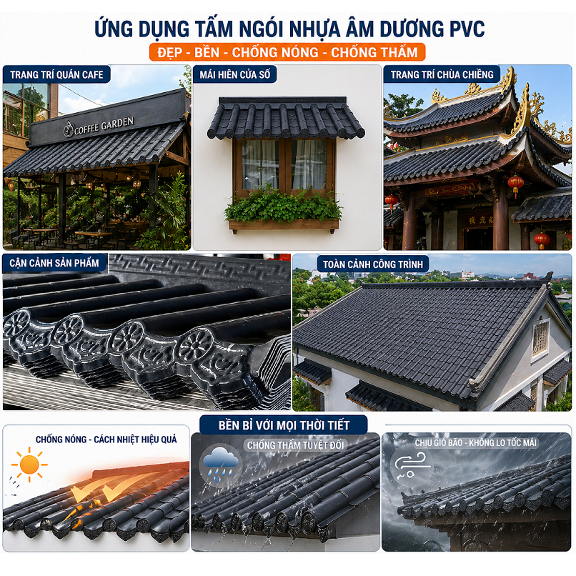 [Màu ĐEN + đủ size] Ngói nhựa âm dương Nhật loại dày, đủ phụ kiện -  PVC nguyên sinh không mùi
