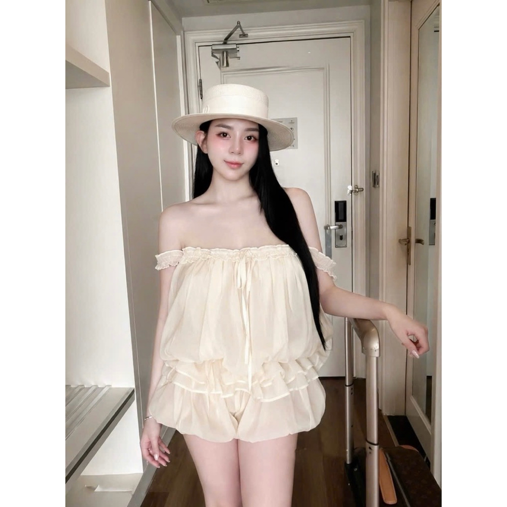 Set áo tơ bèo trễ vai quần bồng xinh xỉu