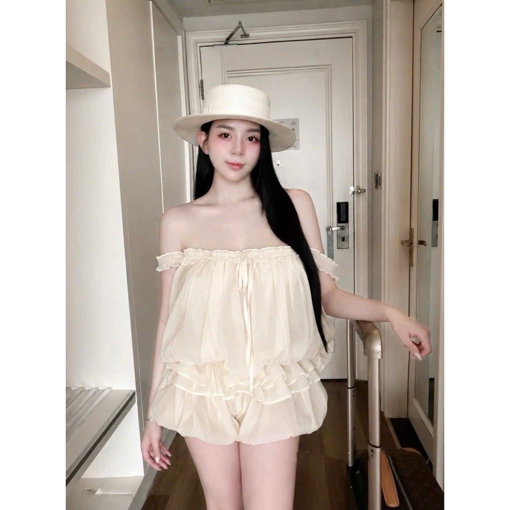 Set áo tơ bèo trễ vai quần bồng dạo biển siu xinh tôn dáng