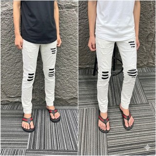Quần jean nam trắng rách gối bạ đen chất co giãn dày dặn  dày dặn phù hợp đi chơi dạo phố.