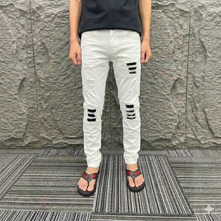 Quần jean nam trắng rách gối bạ đen chất co giãn dày dặn  dày dặn phù hợp đi chơi dạo phố.