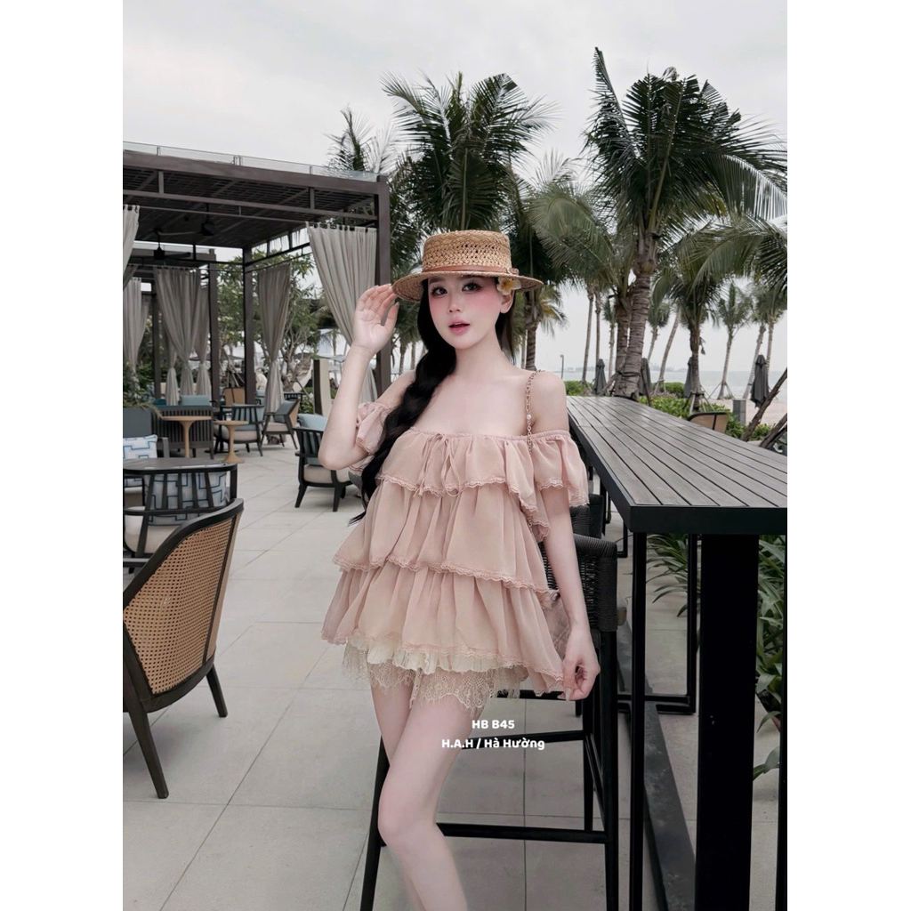 Áo tơ tầng phối viền ren bánh bèo tiểu thư