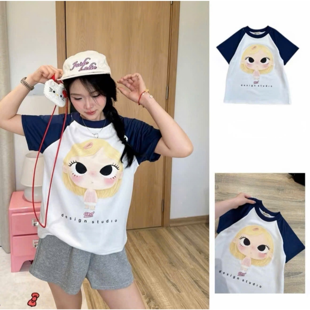Áo Thun Babytee Raglan Tay Phối Màu Họa Tiết Cô Gái Tóc Xù Form Fit Nữ Cotton Mềm Hot Trend