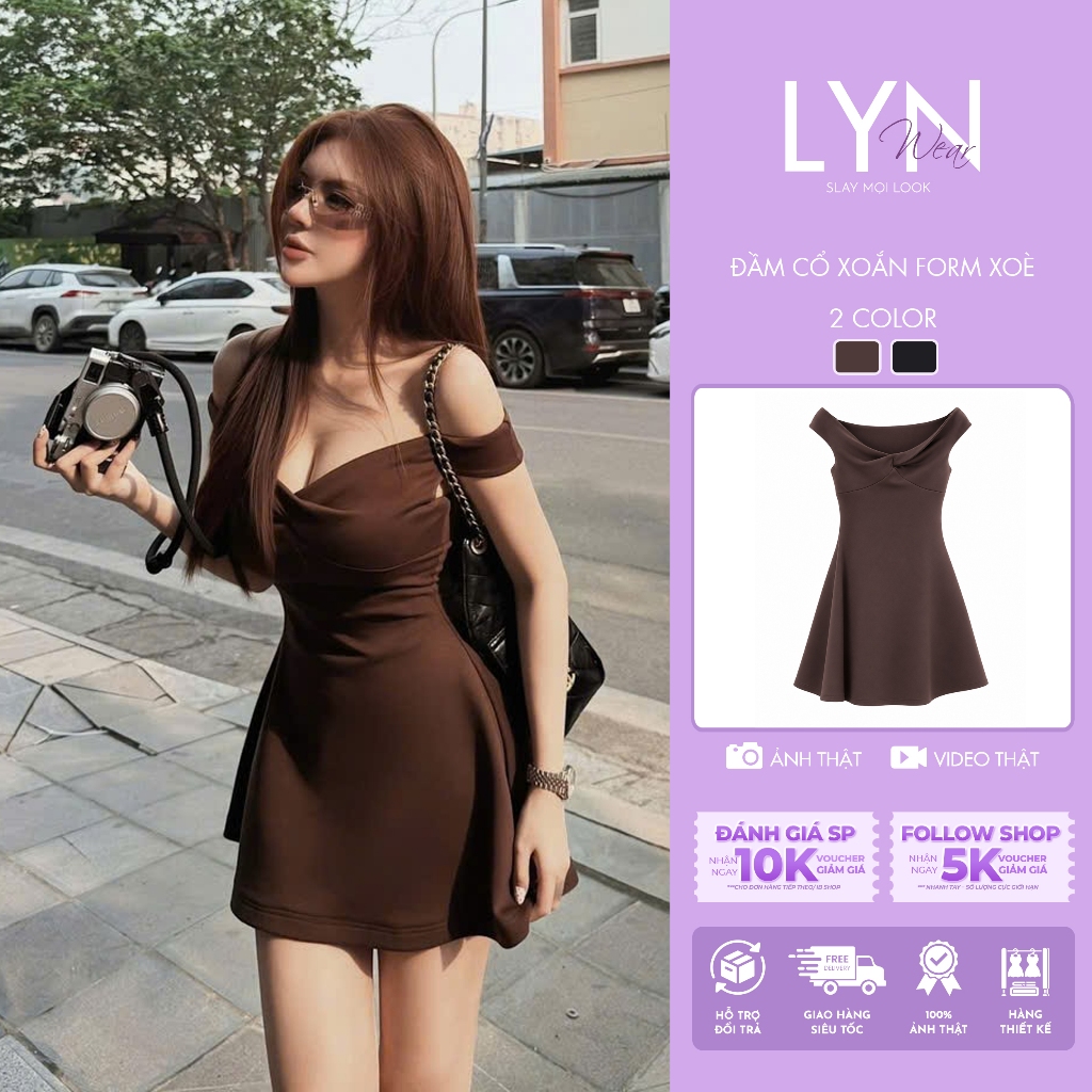 | LYN WEAR | Đầm cổ xoắn form xòe MPB.Váy body nữ trễ vai basic đi chơi, đi tiệc sang chảnh mùa hè.