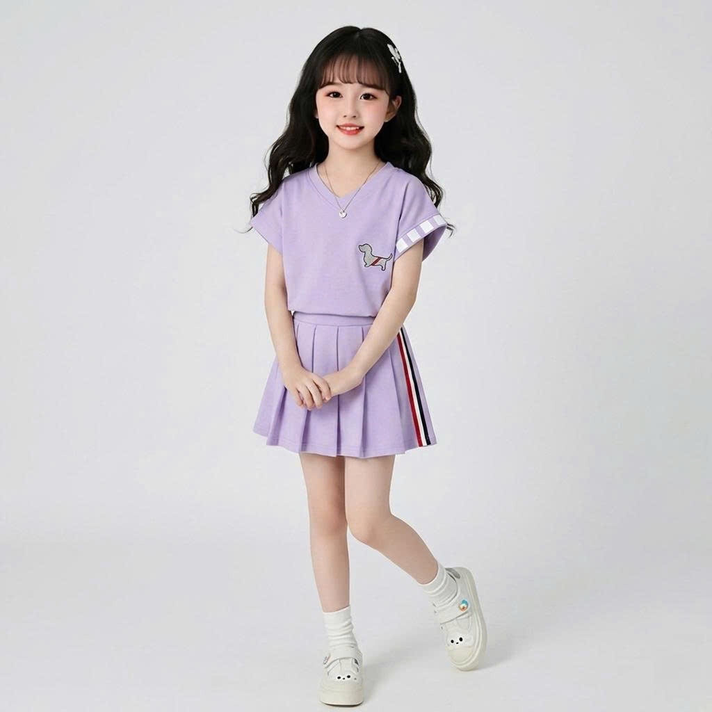 (CHÂN VÁY+ÁO). Sét chân váy xếp ly có lót trong cho bé gái 3 màu, in hình cún chất vải cotton mềm mịn thoải mái.V09