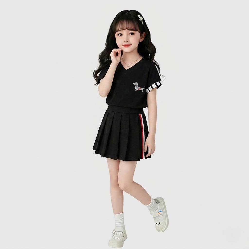 (CHÂN VÁY+ÁO). Sét chân váy xếp ly có lót trong cho bé gái 3 màu, in hình cún chất vải cotton mềm mịn thoải mái.V09