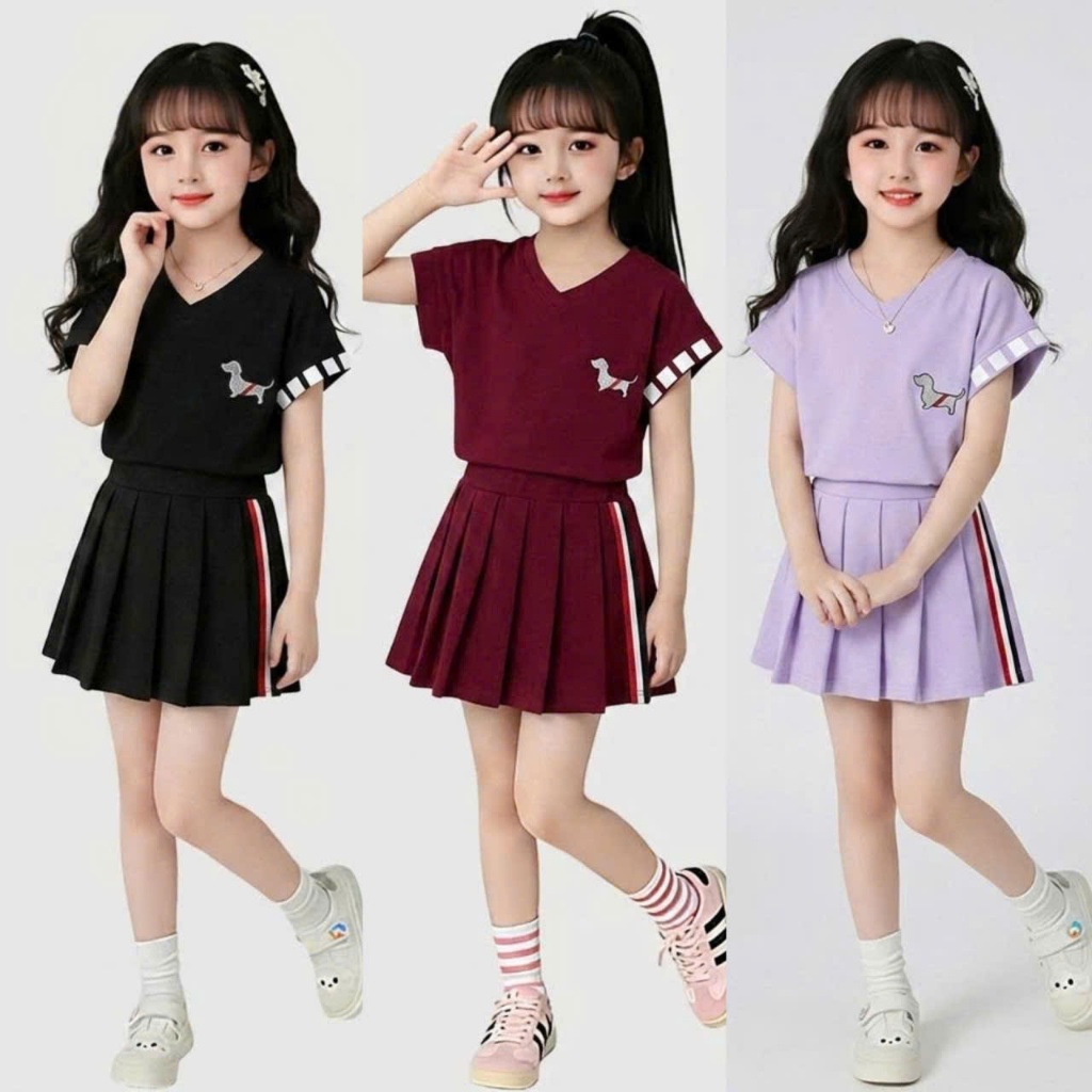 (CHÂN VÁY+ÁO). Sét chân váy xếp ly có lót trong cho bé gái 3 màu, in hình cún chất vải cotton mềm mịn thoải mái.V09