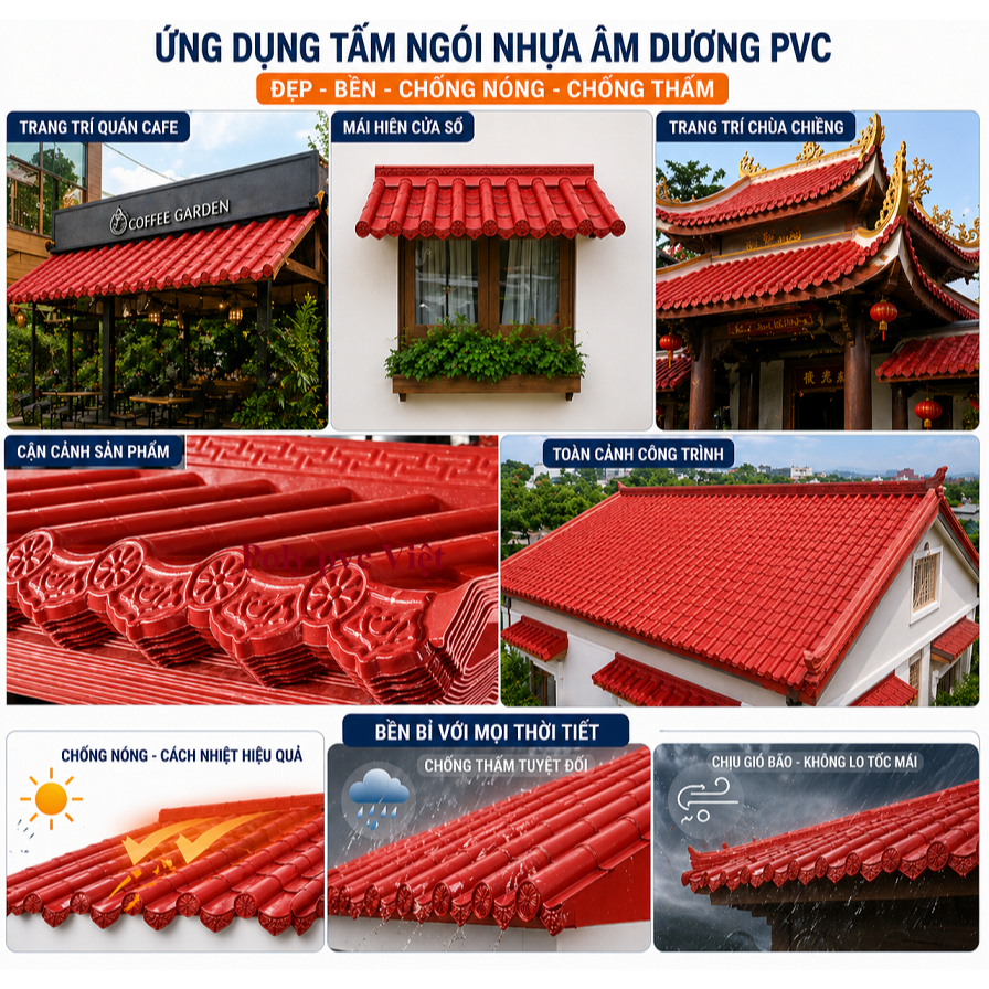 Combo 6 - 10 ngói [Đỏ gạch đủ khổ/size x 110cm] nhựa PVC/ASA âm dương Nhật chịu nhiệt cao dày 2.5mm