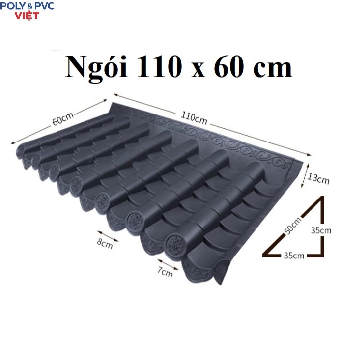 [60x110 cm] Ngói Nhựa âm dương PVC/ASA Nhật Bản 2 Màu đen + đỏ - Dày 2.5mm sơn tĩnh điện
