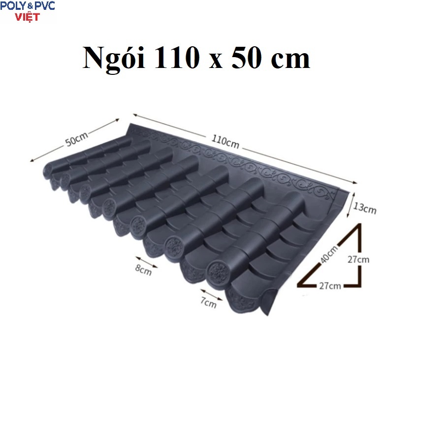[50x110 cm] Ngói Nhựa âm dương PVC/ASA Nhật Bản 2 Màu đen + đỏ Dày 2.5mm - 3 lớp chịu nhiệt cao