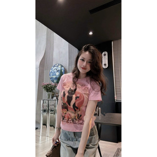 Áo phông cotton cổ tròn cộc tay hình mèo đen cầm ly form babytee #20616