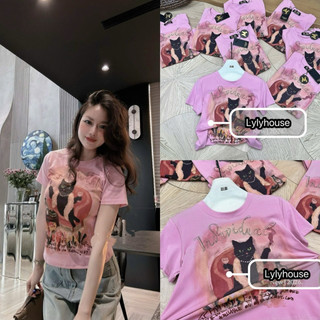 Áo phông cotton cổ tròn cộc tay hình mèo đen cầm ly form babytee #20616