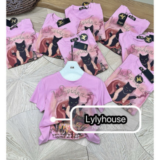 Áo phông cotton cổ tròn cộc tay hình mèo đen cầm ly form babytee #20616