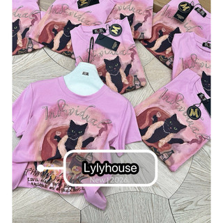 Áo phông cotton cổ tròn cộc tay hình mèo đen cầm ly form babytee #20616