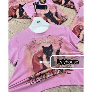 Áo phông cotton cổ tròn cộc tay hình mèo đen cầm ly form babytee #20616