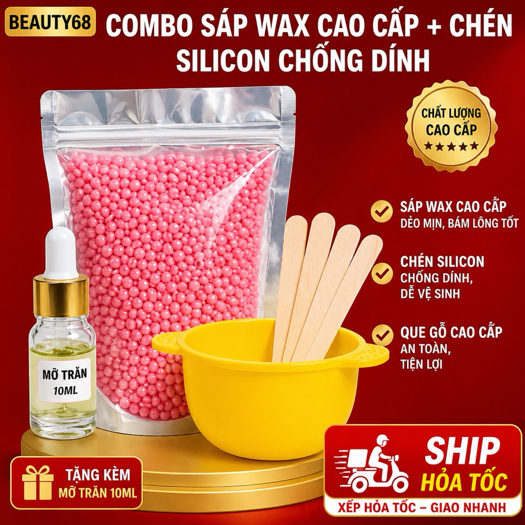 Combo Sáp Wax Lông Cao Cấp + Chén Nấu Sáp Wax Lông Silicone Tặng Que