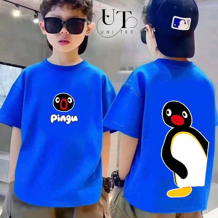 (9Kg-110Kg) Áo thun Unisex họa tiết Pingu vui nhộn, vải Cotton mịn, co dãn cho Nam Nữ, Trẻ Em, Gia Đình - Uni Tee I U126