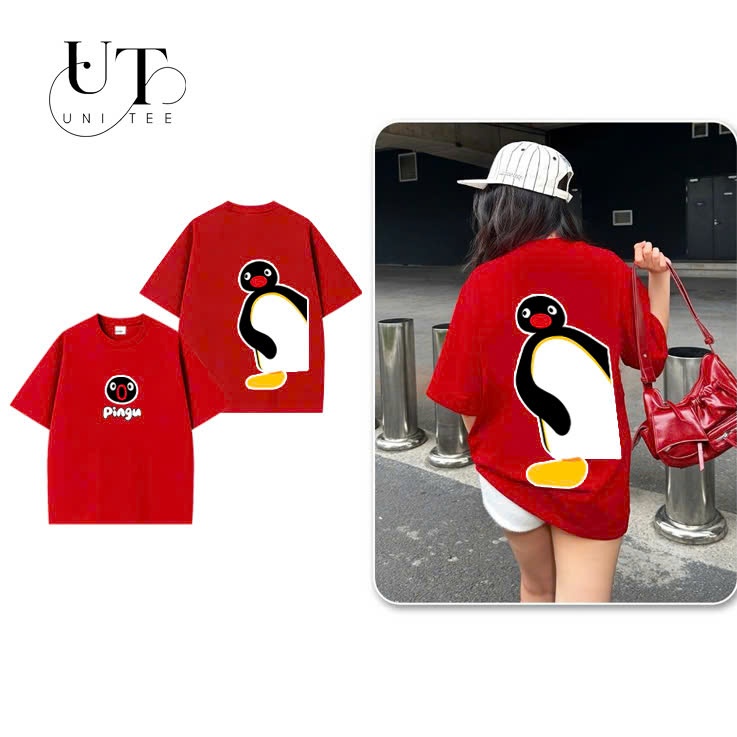 (9Kg-110Kg) Áo thun Unisex họa tiết Pingu vui nhộn, vải Cotton mịn, co dãn cho Nam Nữ, Trẻ Em, Gia Đình - Uni Tee I U126