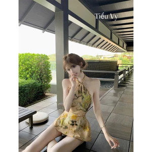 Áo hoa cổ yếm viền xích
