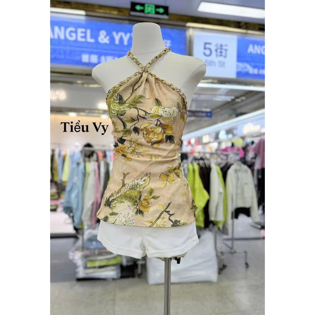 Áo hoa cổ yếm viền xích
