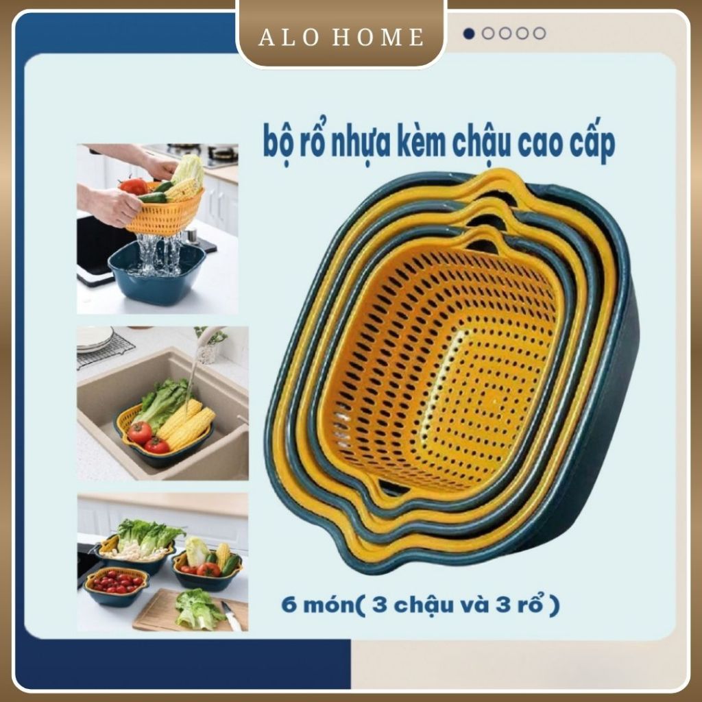 Bộ Rổ Nhựa Kèm Chậu 6 Món ALO HOME Rổ Ráo Nước Đựng Rau Củ Dùng Nhà Bếp