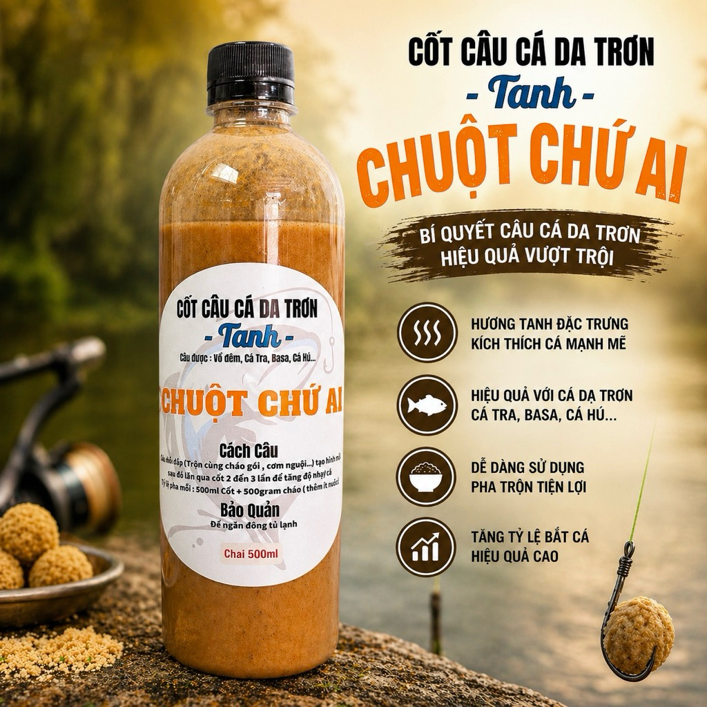 Mồi câu cá Cốt Tanh ( chai 500ml ) "Chuột Chứ Ai" chuyên cá Vồ Đém , Tra , Basa, Cóc và một số loại cá khác