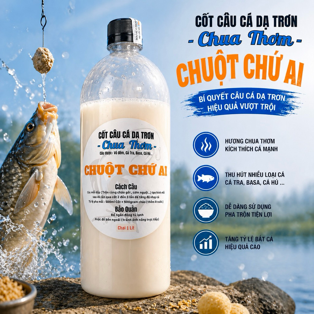 Mồi câu cá Cốt Chua Thơm ( chai 1 lít ) "Chuột Chứ Ai" chuyên cá Vồ Đém , Tra , Basa, Cóc và một số loại cá khác