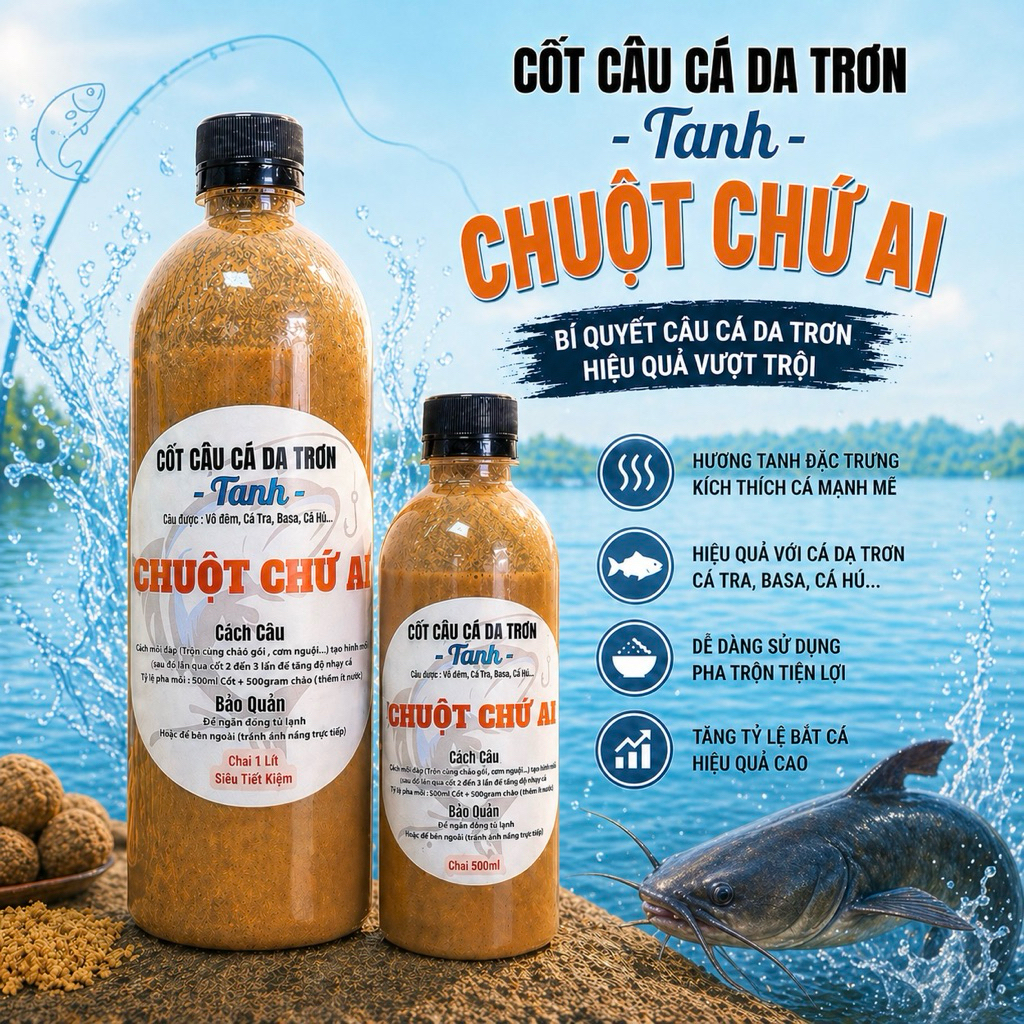 Mồi câu cá Cốt Tanh ( chai 1 lít ) "Chuột Chứ Ai" chuyên cá Vồ Đém , Tra , Basa, Cóc và một số loại cá khác