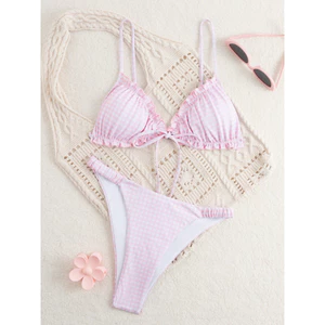 Bộ Đồ Bơi 2 Mảnh Bikini Caro Hồng Xinh Xắn Set Đồ Đi Biển Nữ Họa Tiết Gingham Đáng Yêu Nữ Tính Cao Cấp