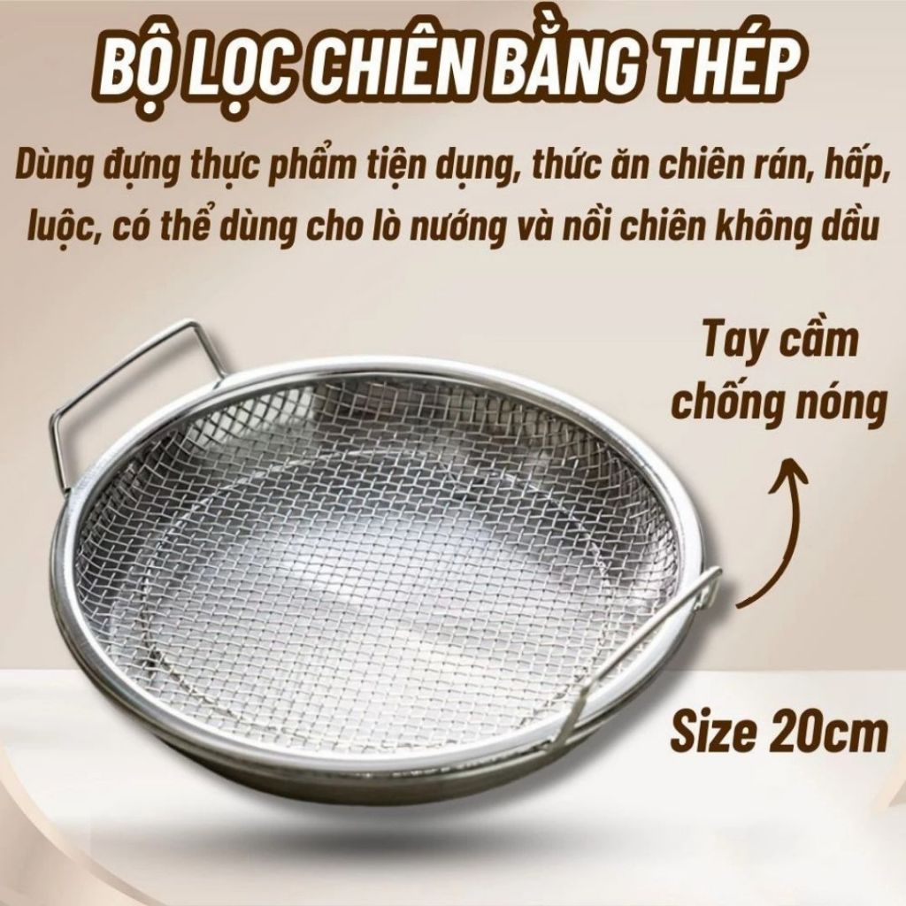 Rổ Lọc Dầu Inox Kèm Khay ALO HOME Rổ Ráo Dầu Chiên Rán Dùng Nhà Bếp