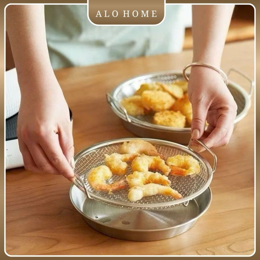 Rổ Lọc Dầu Inox Kèm Khay ALO HOME Rổ Ráo Dầu Chiên Rán Dùng Nhà Bếp