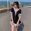 Đồ Bơi 1 Mảnh Dáng Váy Màu Đen Phối Bèo Set Bikini Liền Thân Nữ Tay Ngắn Cổ V Thắt Nơ Tiểu Thư Cao Cấp