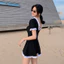 Đồ Bơi 1 Mảnh Dáng Váy Màu Đen Phối Bèo Set Bikini Liền Thân Nữ Tay Ngắn Cổ V Thắt Nơ Tiểu Thư Cao Cấp