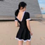Đồ Bơi 1 Mảnh Dáng Váy Màu Đen Phối Bèo Set Bikini Liền Thân Nữ Tay Ngắn Cổ V Thắt Nơ Tiểu Thư Cao Cấp