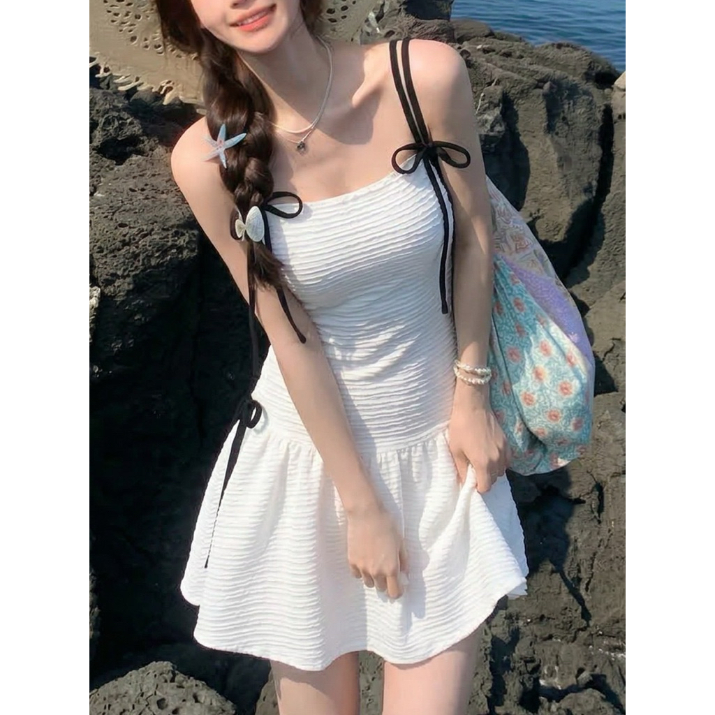 Váy Bơi 1 Mảnh Dáng Xòe Màu Trắng Phối Dây Nơ Đen Bikini Liền Thân Nữ Chất Vải Gân Tôn Dáng Tiểu Thư Cao Cấp