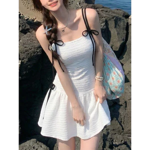 Váy Bơi 1 Mảnh Dáng Xòe Màu Trắng Phối Dây Nơ Đen Bikini Liền Thân Nữ Chất Vải Gân Tôn Dáng Tiểu Thư Cao Cấp